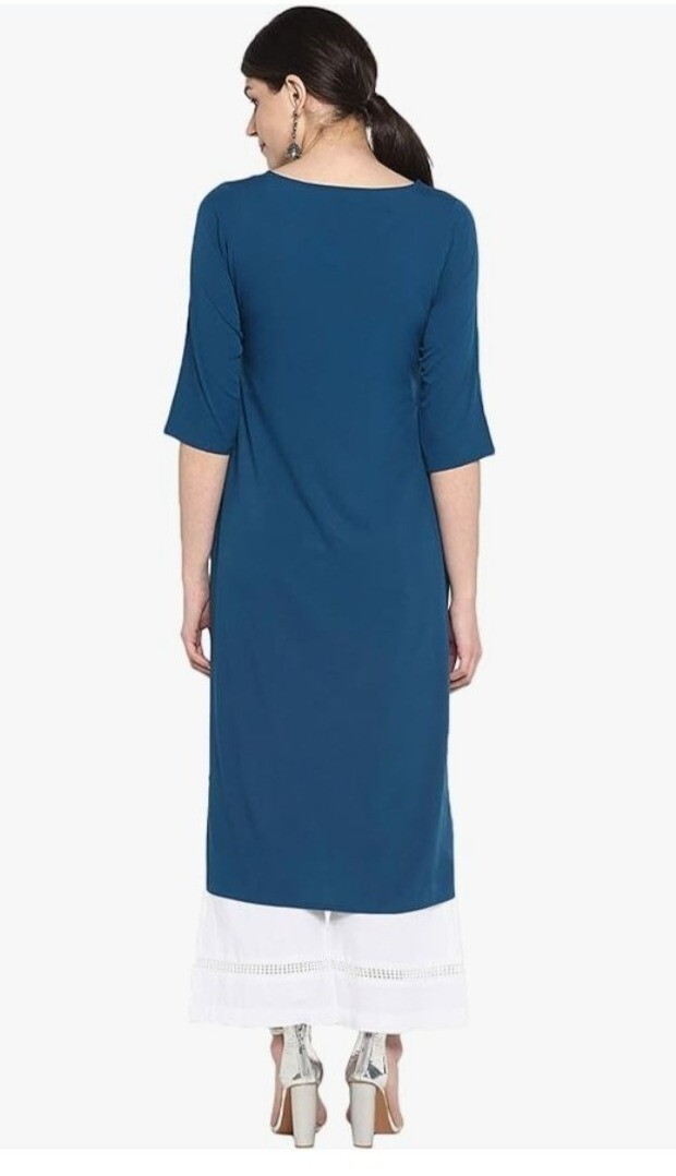 Janasya Womens Turquoise Blue & Gold Crepe Kurta Tassel Tie Neck Size Large