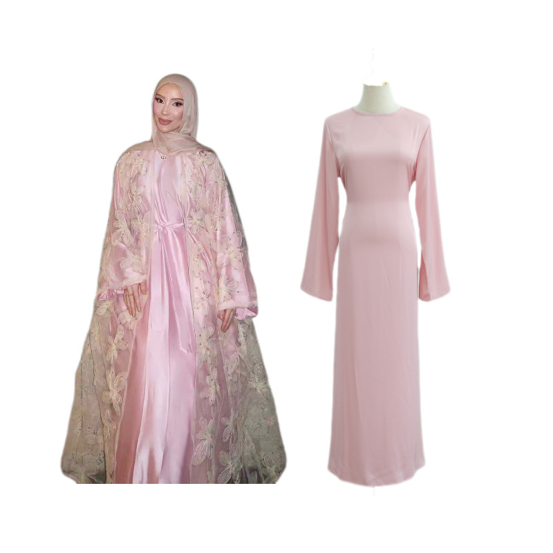 Islamic Women Long Inner Dress Open Kaftan Cardigan Kimono Formal Party 2Pcs Set