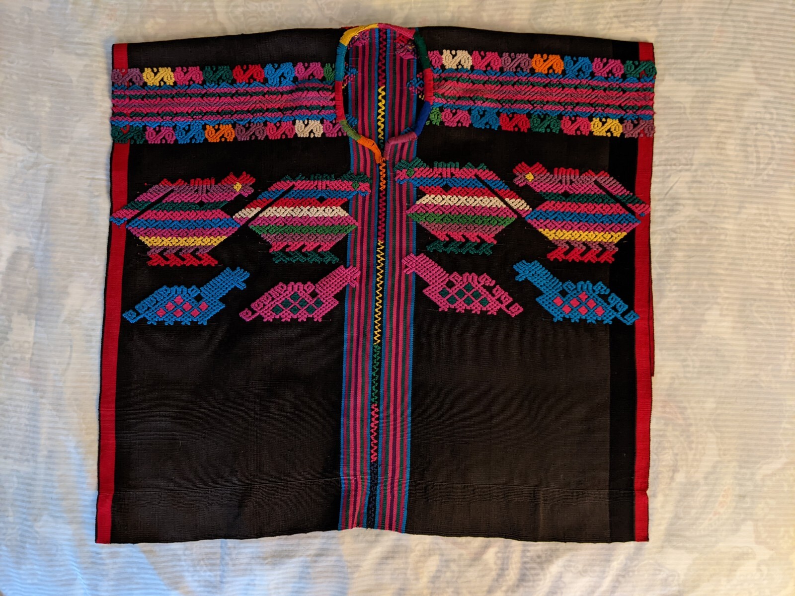 Vintage Guatemalan Huipil Poncho Woven Stripes Embroidered Animals
