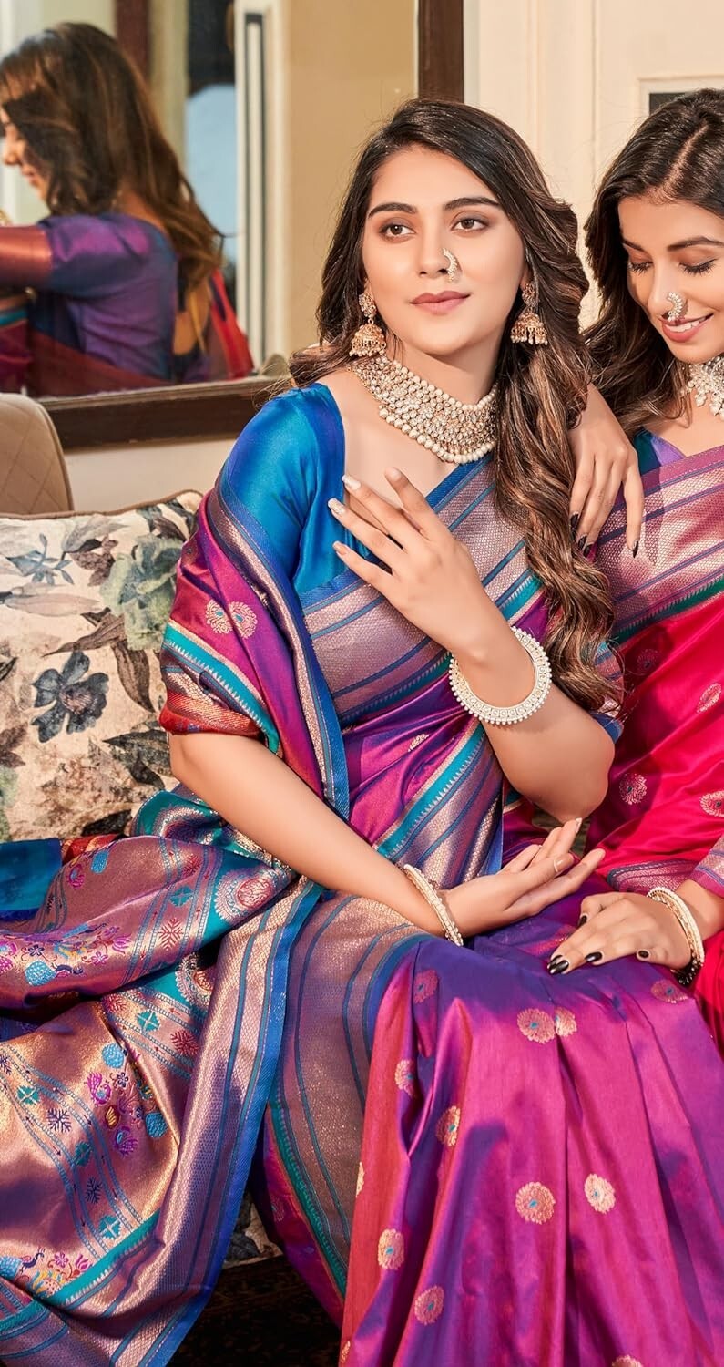 Women’s Peacock Peafowl Butti Paisley Copper Zari Woven Paithani Silk Saree