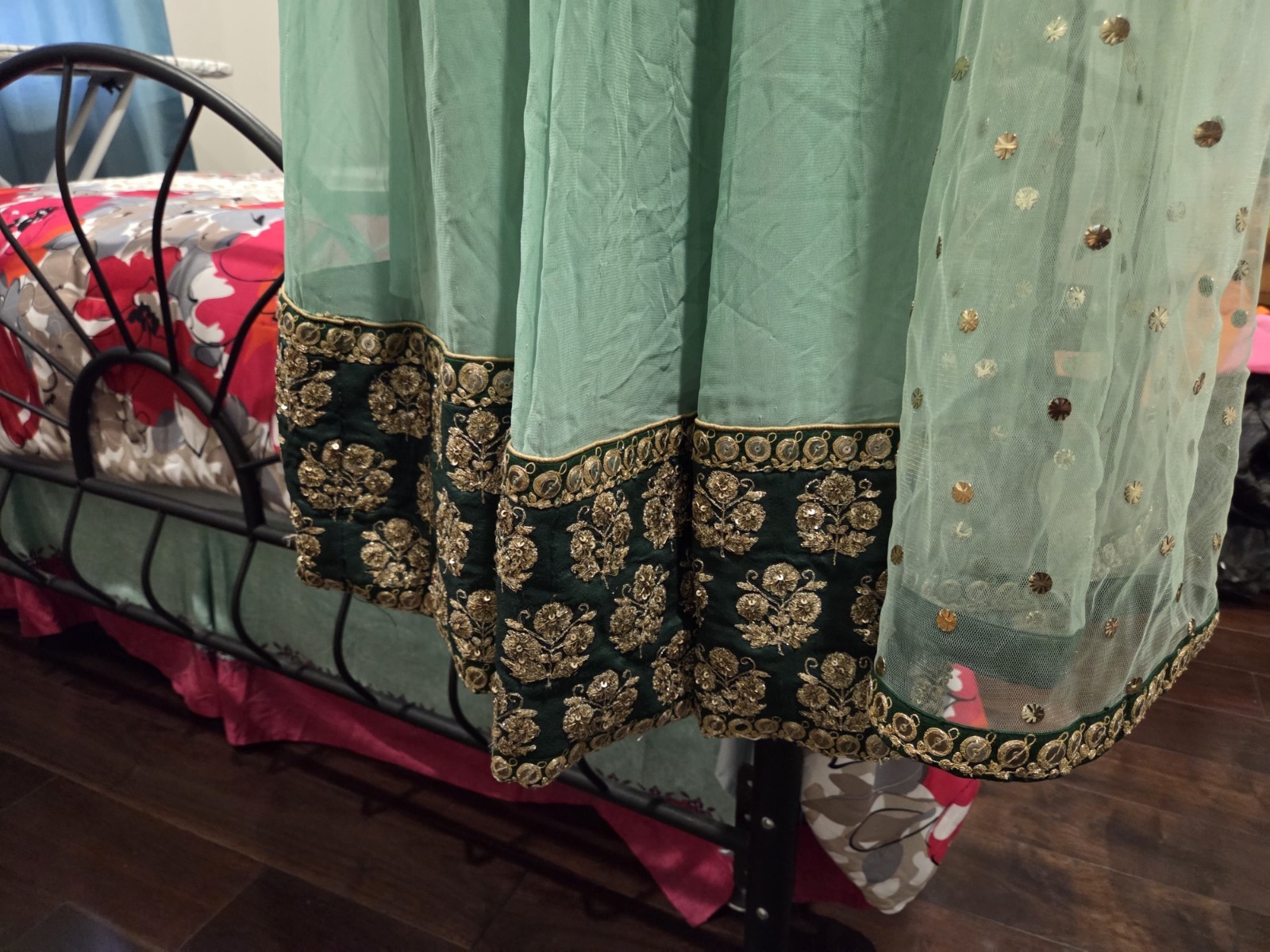 Designer A Line Long Gown Indian/pakistani Zari Embroided XSMALL Teal 2pcs