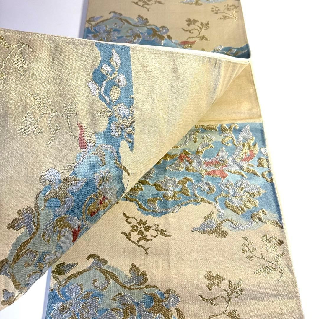 Japanese Fukuro Obi Bird Floral Gray Blue Gold Silver Pink Silk Sash