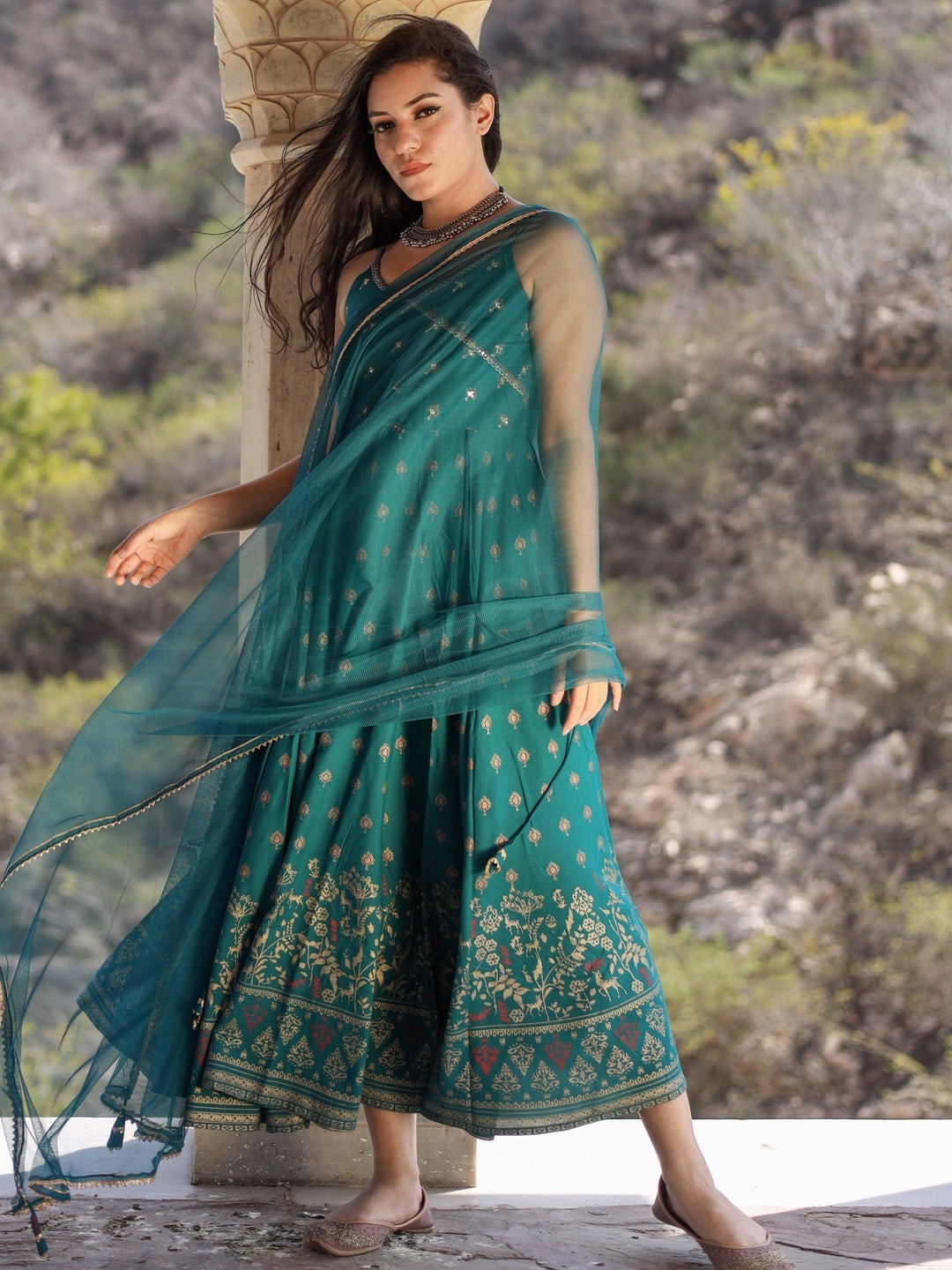 Rama Green Rayon Shoulder Strip Anarkali Kurta with Net Dupatta for Women Plus