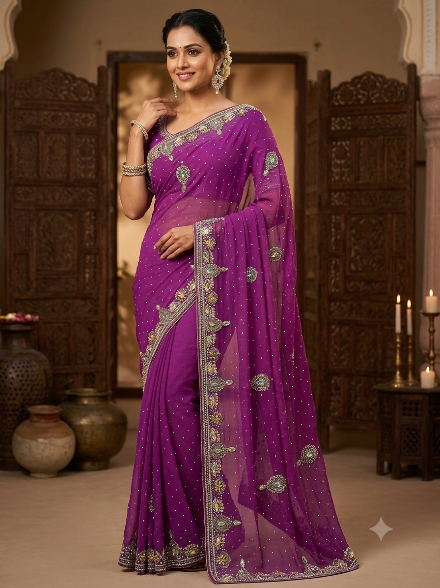 Women Purple Pure Georgette Handwork Saree with Unstitched Blouse Piece