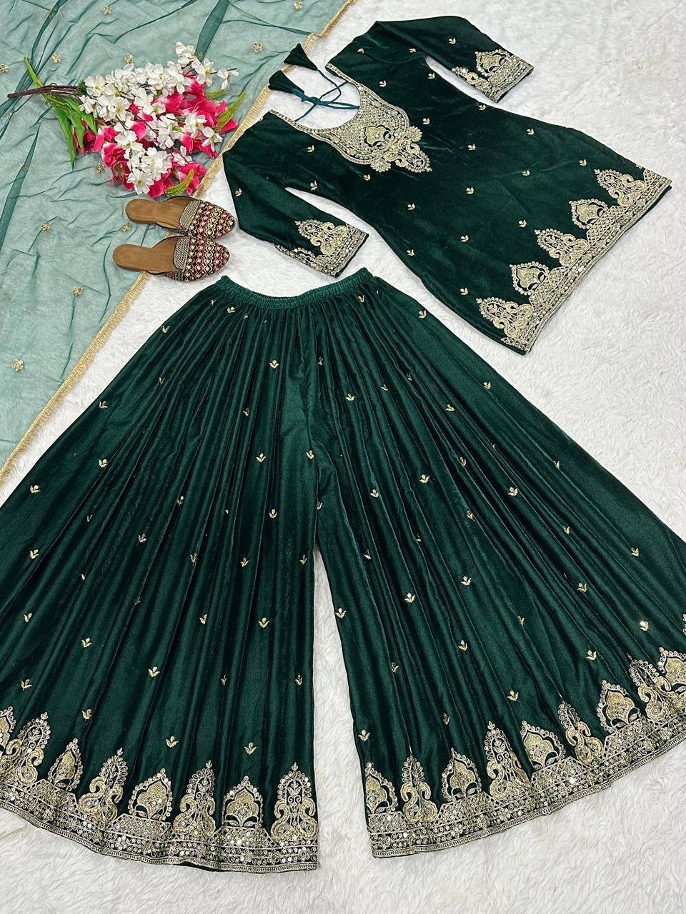 Presenting Heavy Viscous Velvet Green Top Palazzo With Dupatta For Wedding Wear