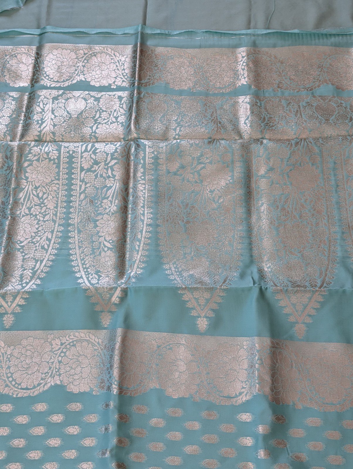 Saree Banarasi Kanjivaram Green Silver Zari Woven Attached Blouse