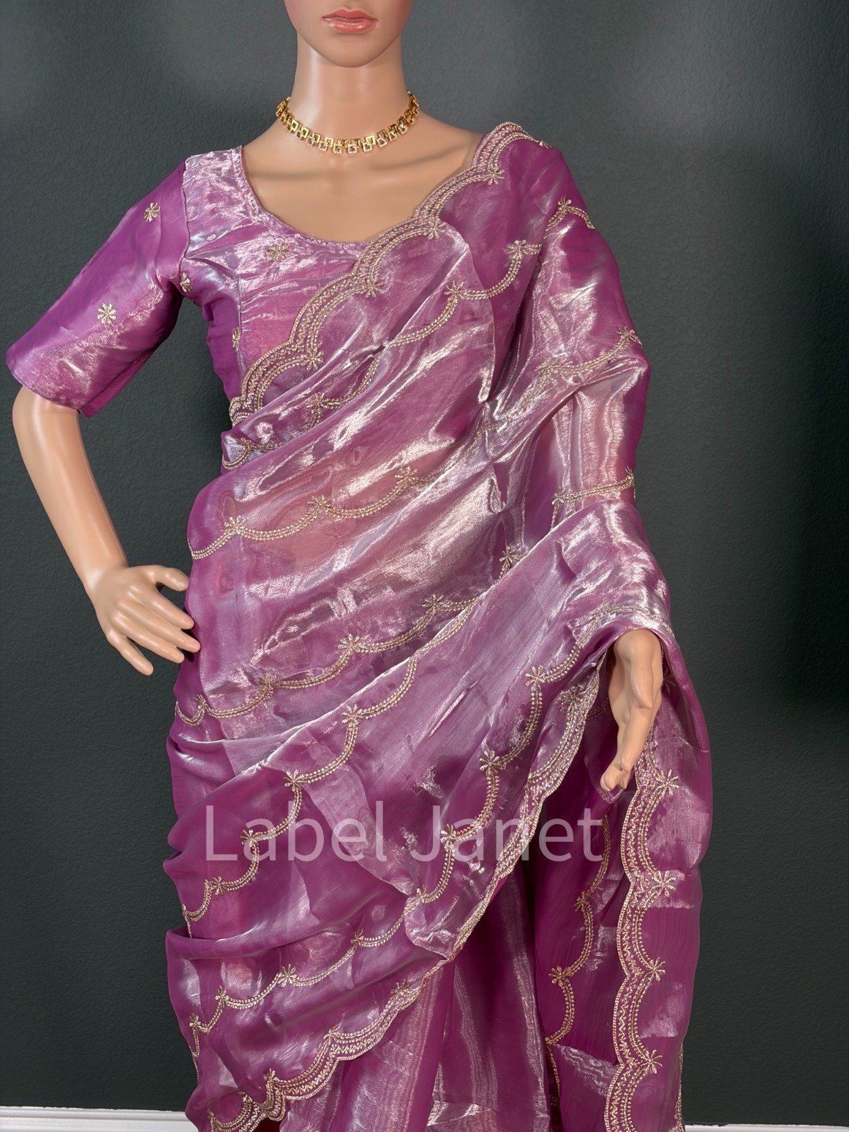 Lavender Jimmy Choo Designer saree with stitched blouse (36″ -42″) | Party wear