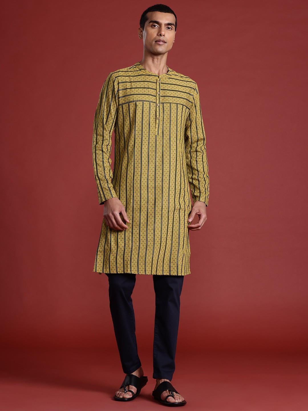 Men’s Striped Woven Kurta – Mustard Yellow & Black, Mandarin Collar – S to XXL