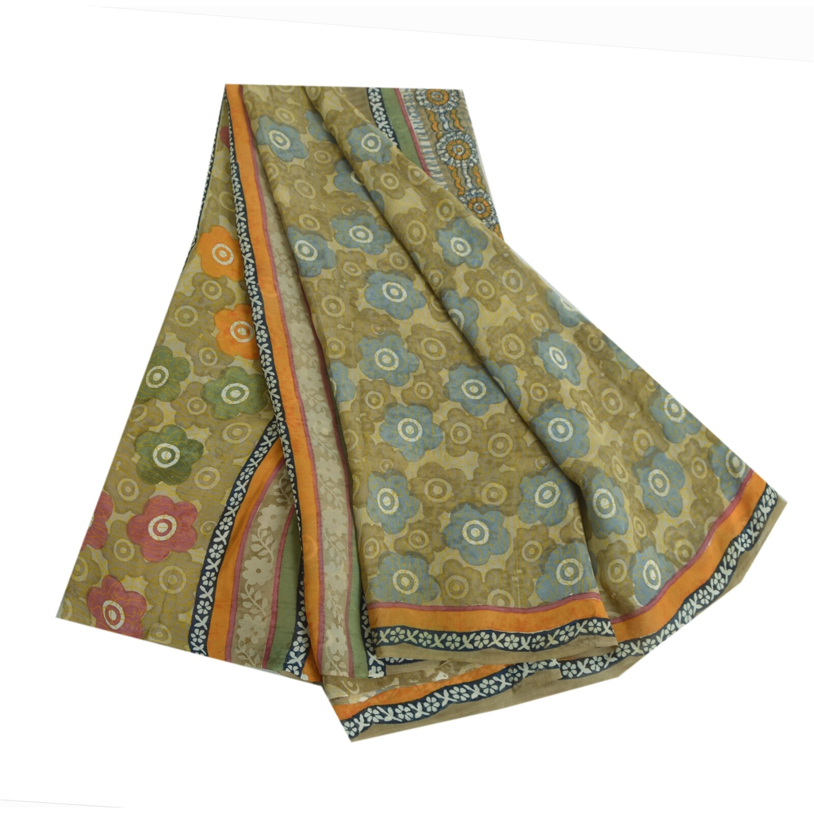 Sanskriti Vintage Green Sarees Pure Georgette Silk Printed Sari 5Yd Craft Fabric