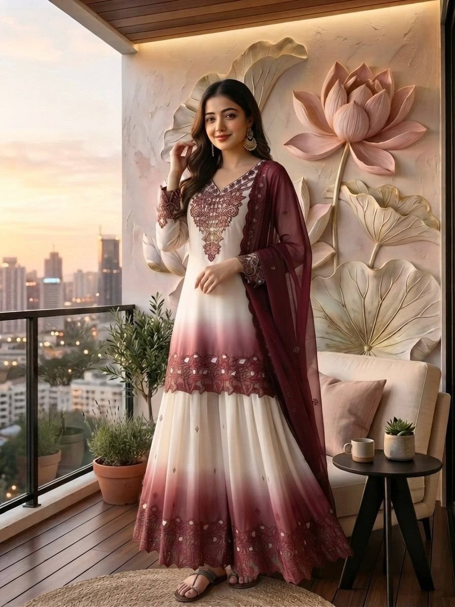 Traditional Look Star Georgette White Top Palazzo With Dupatta For Functional