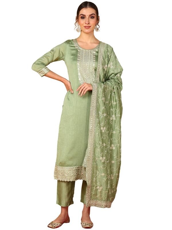 Women’s Silk Blend Yoke Design Embroidered Straight Kurta Pant With Dupatta