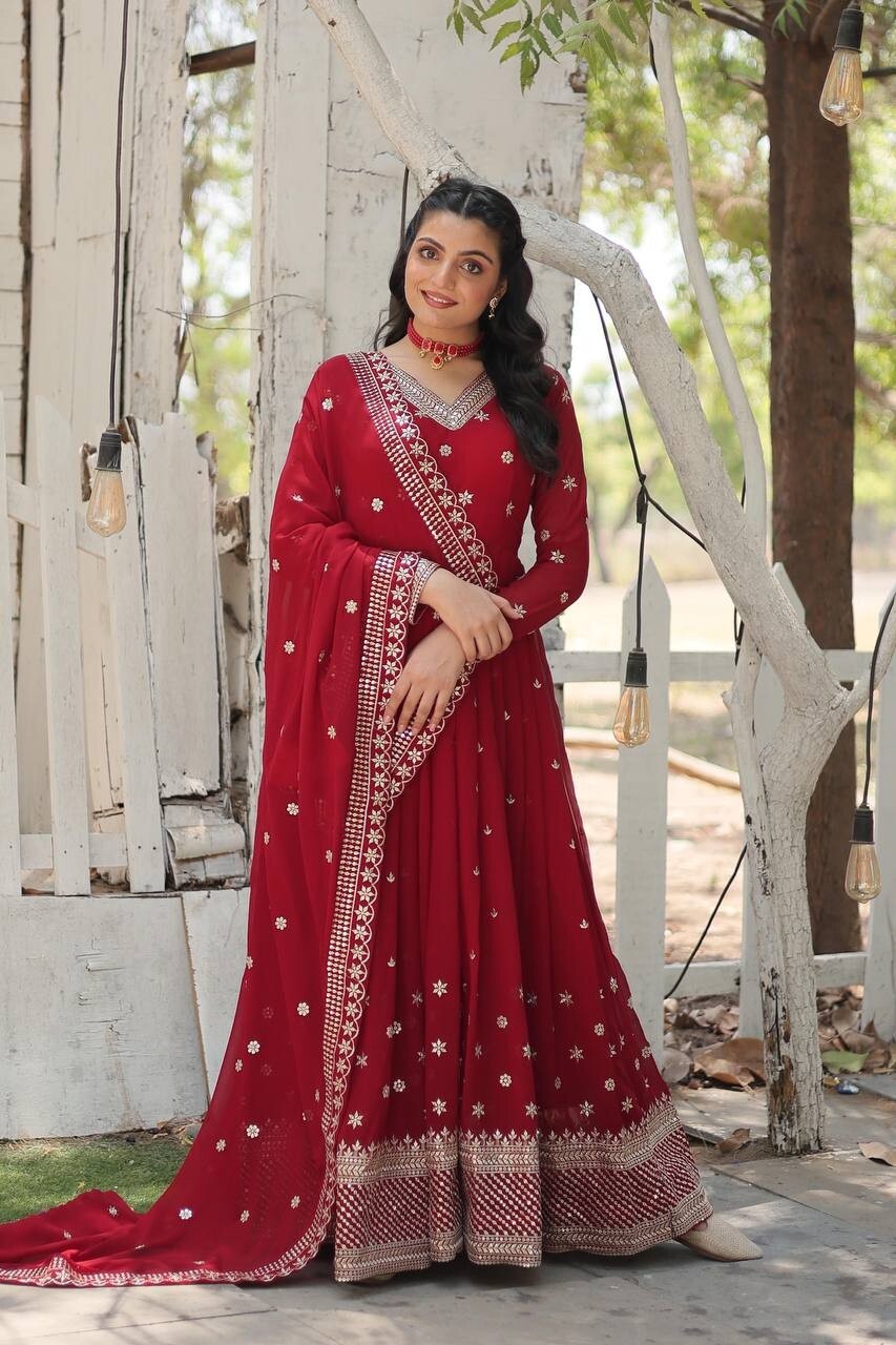 Indian Stylish Maroon Sequins Work Anarkali Gown For Diwali Function Wear Gown