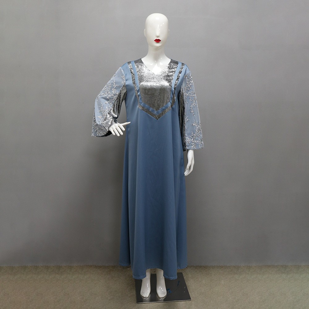 Middle East Round Neck Splice Sequin Retro Abaya Robe Women Plus Size Clothing