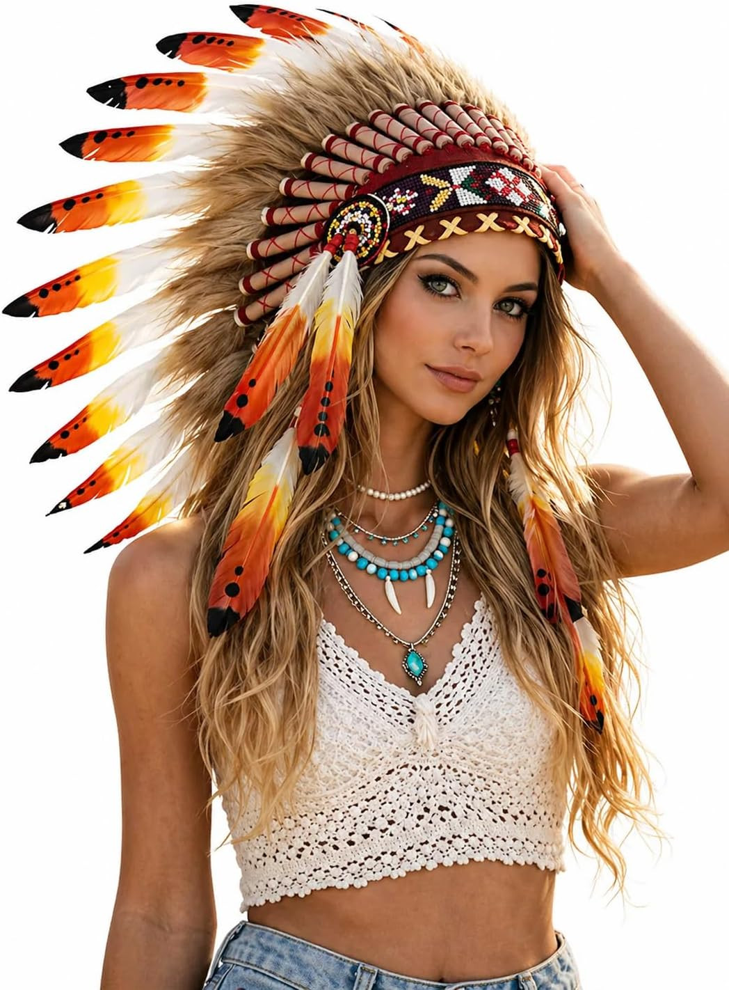 The World of Feathers Chiefs Hat,Halloween Costumes Men,Indian Costume Women,Nat