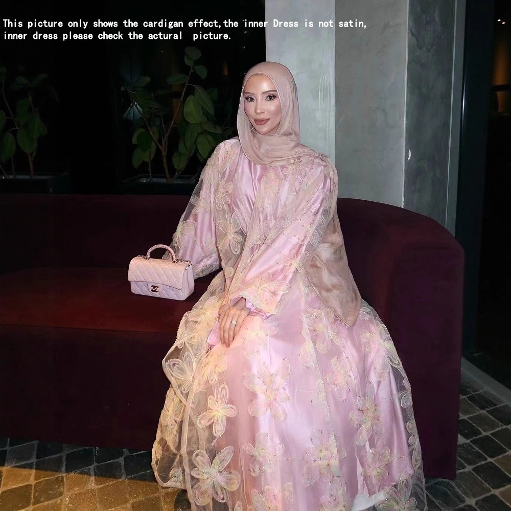 Islamic Women Long Inner Dress Open Kaftan Cardigan Kimono Formal Party 2Pcs Set