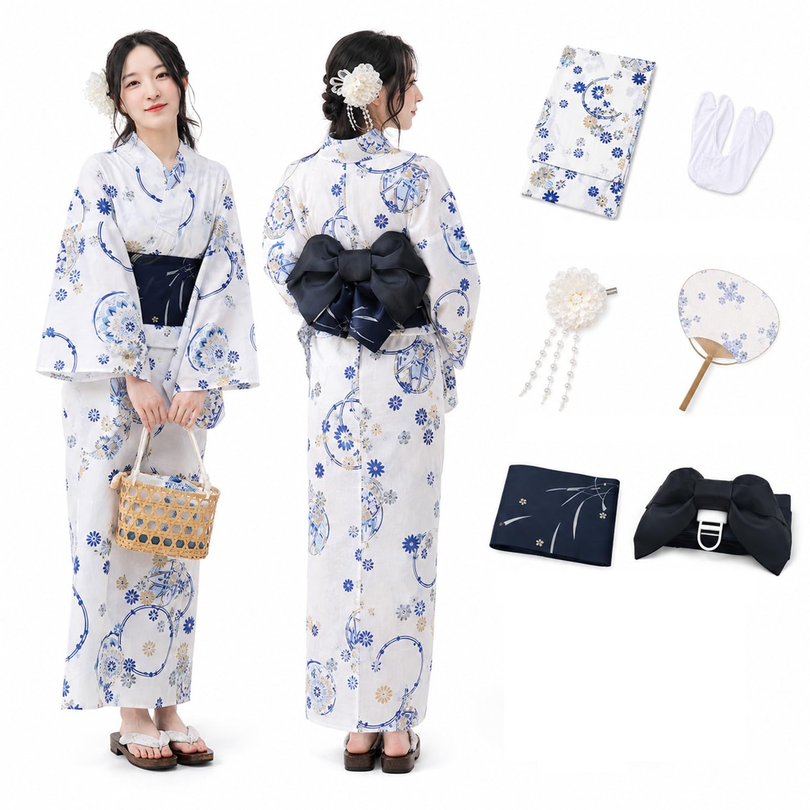 Women’s Yukata Set, Free Size, Floral Pattern, Organza Yukata, with Bow-Tie Obi