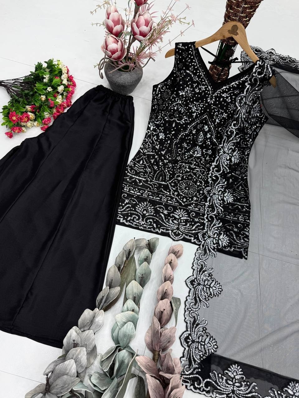 New Launch Star Georgette Black Top Palazzo With Dupatta For Reception Wear