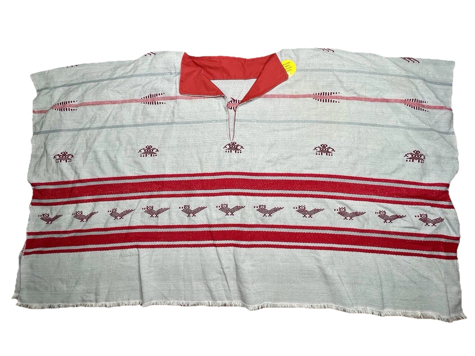 Collared Poncho Bird embroidery Horizontal Stripes Mexico Bright Maroon XXL Boxy