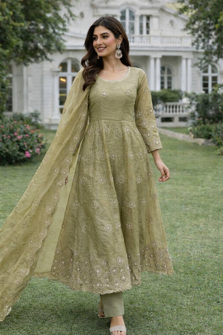 Pista-Green Gold Crush Georgette Salwar Kameez Floral Embroidery Party Wear Suit