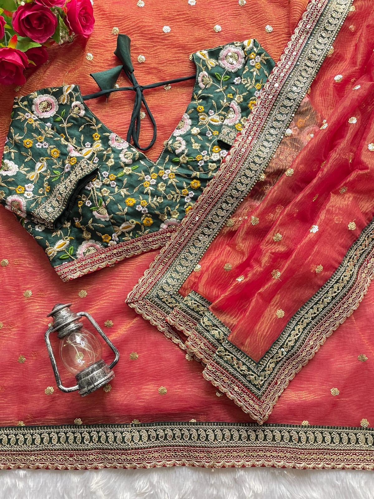 Launching Ethnic Wear Green-Orange Lichi Silk Saree With Blouse For Women