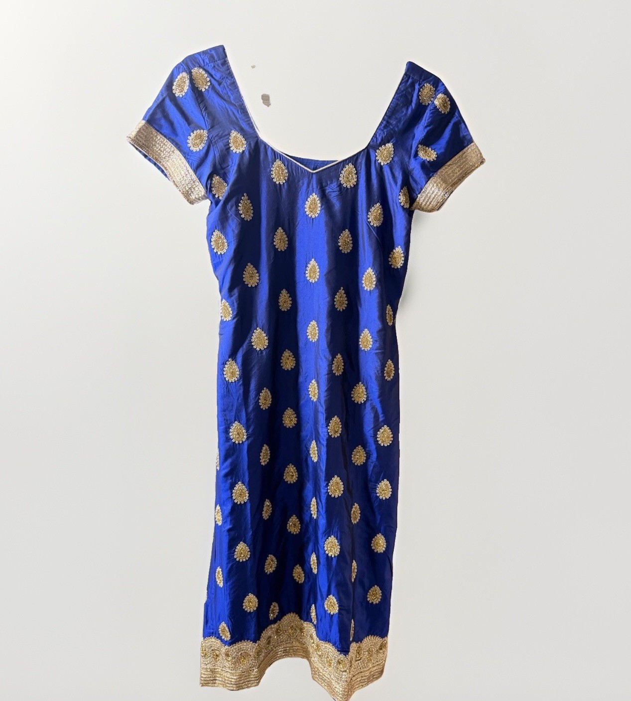Royal Blue Gold Embroidered Silk Salwar Kameez Tunic Kurti Top Wedding Diwali XS