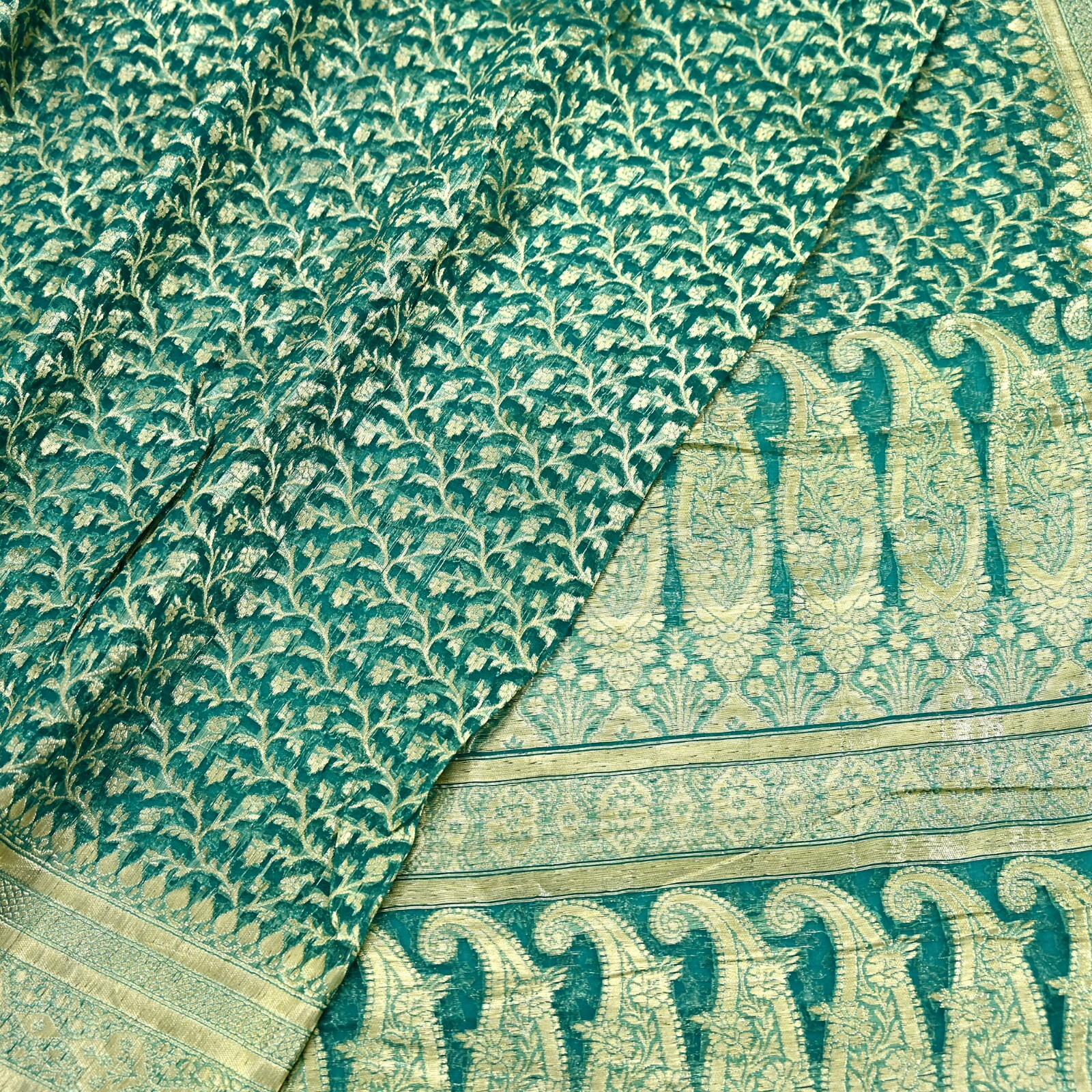 Vintage Sari Heavy Green Pure Organza Silk Woven Brocade Banarasi Saree Zari 5Yd