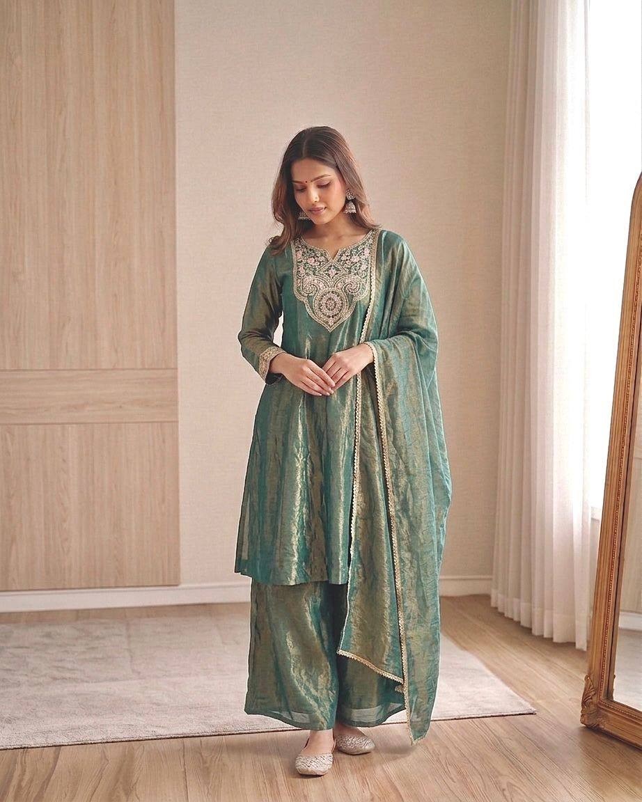 New Launching Heavy Silk Sea Green Top Palazzo With Dupatta For Function Wear