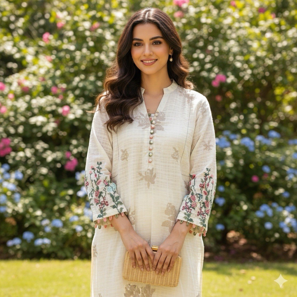 J. Junaid Jamshed Ladies Kurti XS Beige Cotton Cross Stitch Embroidered Boho NWT