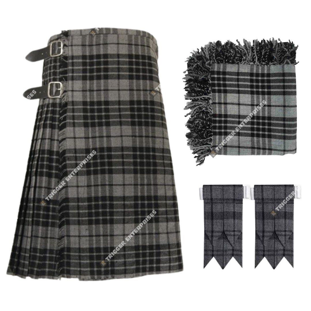 Handmade 8yard 16oz Clan Grey Watch Tartan Kilt Set for Mens Custom Size Made