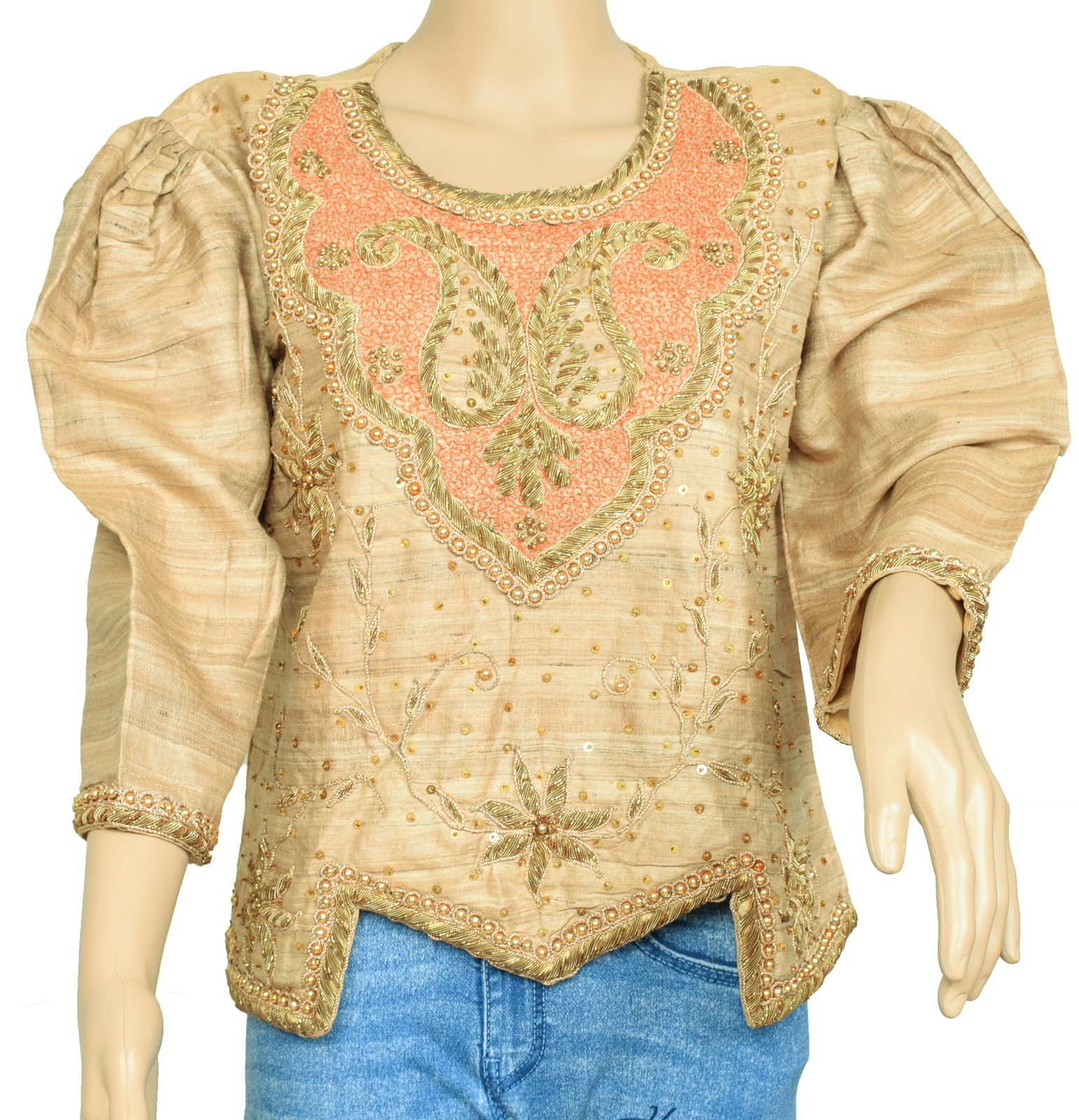 Sushila Vintage Readymade Stitched Brown Sari Blouse Pure Khadi Hand Beaded Top