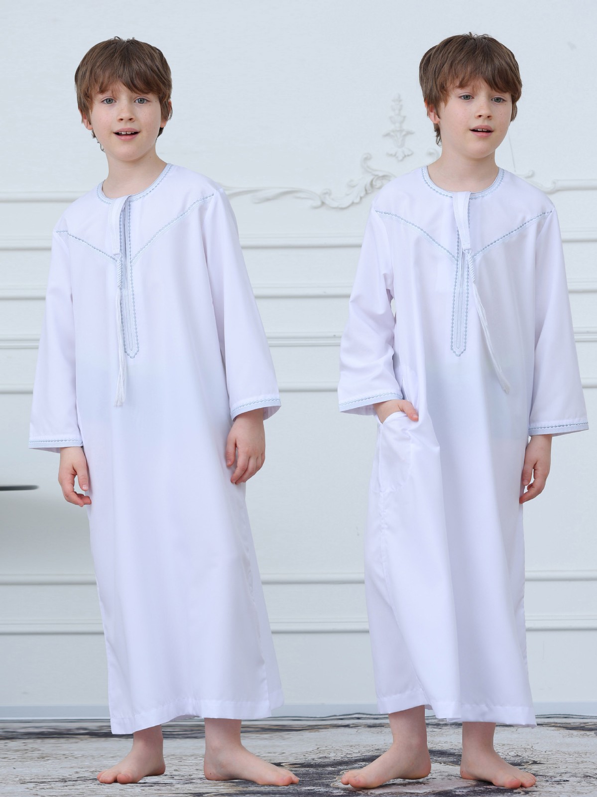Muslim Boys Short Sleeve Jubba Thobe Embroidered Dress Islamic Abaya Robe Dubai