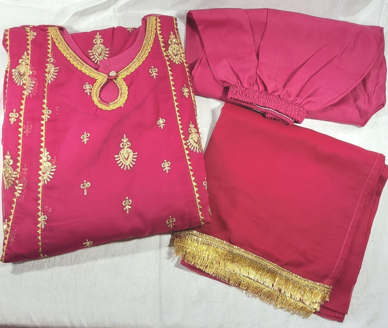 3pc Embroidered Sequin Cotton Chiffon Salwar Kameez & Dupatta – Berry Red – M