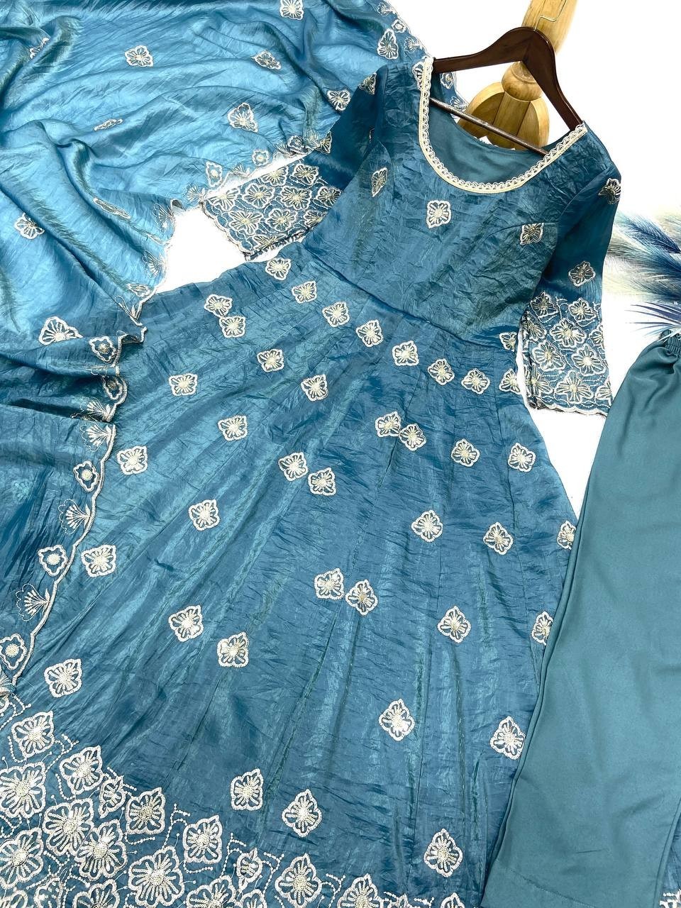 RamaBlue Gold Crush Silk Georgette Salwar Kameez Floral Designer Party Wear Suit