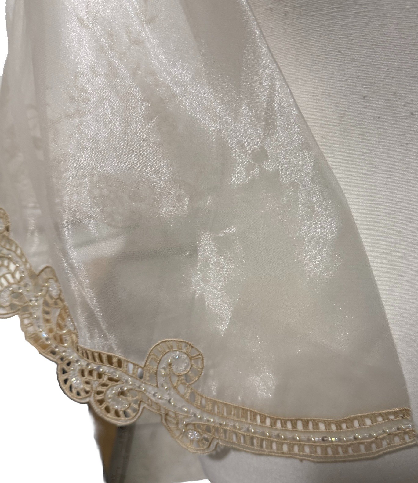 NEW Handmade Filipina Sheer Shawl Embroidered Beige Floral Lace Trim Cultural