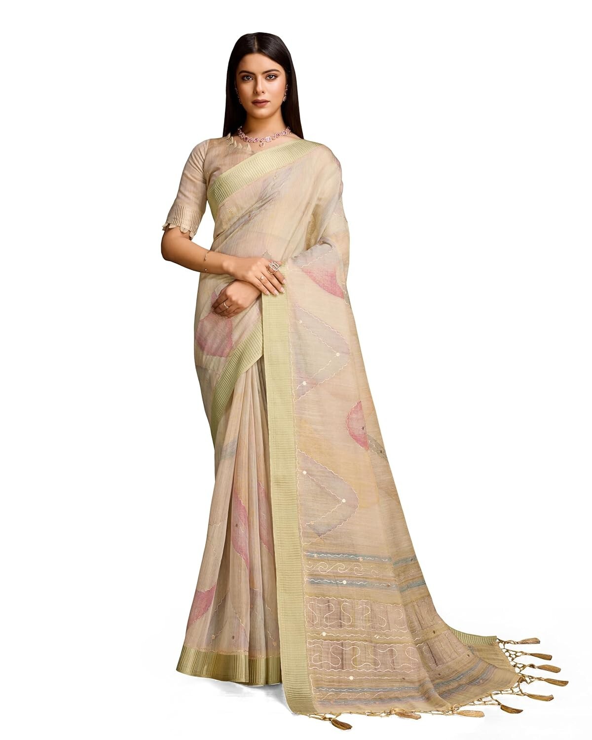 Women’s Heavy Organza Silk Linen Prism Print Saree with Zari Handwork saree