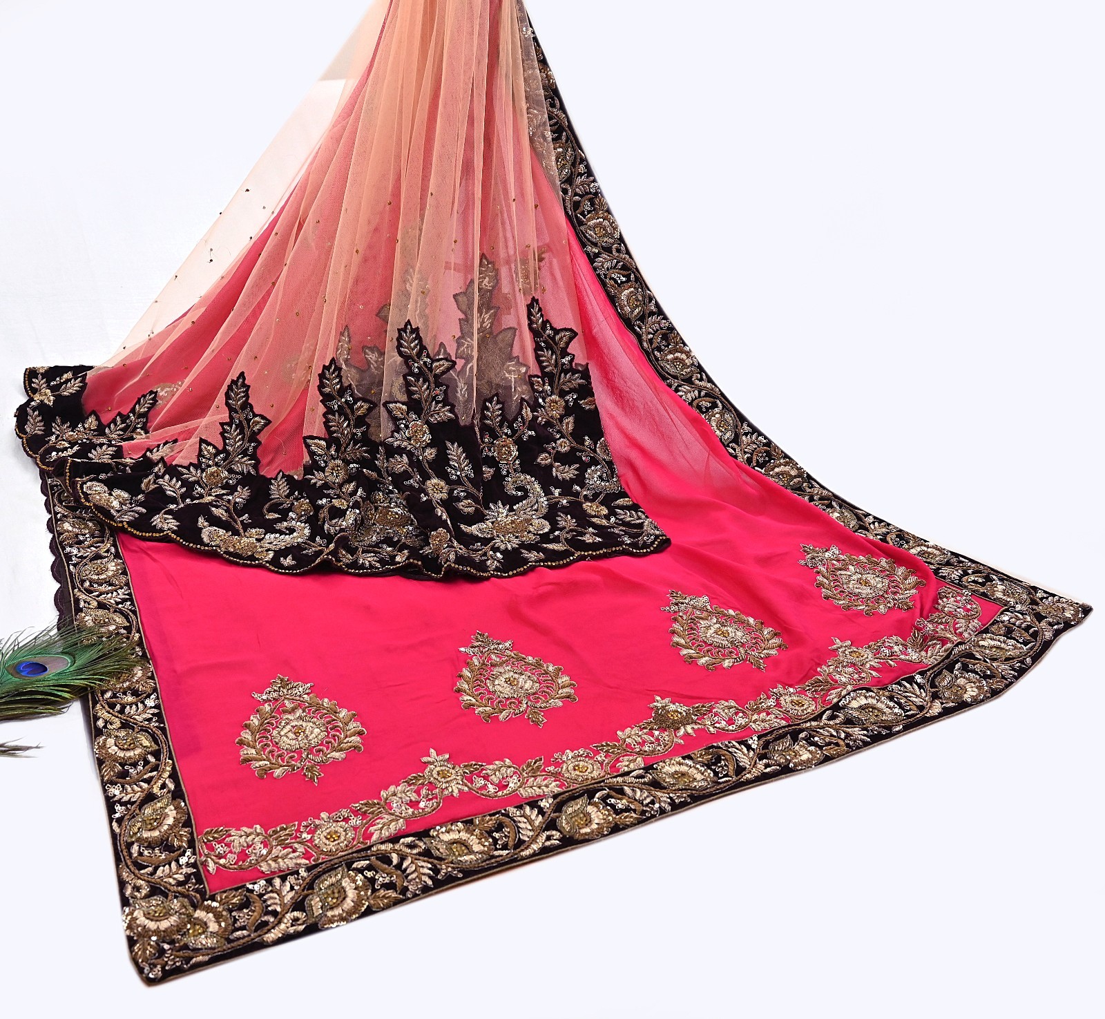Pre-Owned Peach Pink Net Georgette silk Hand Embroidered Designer saree 5yd