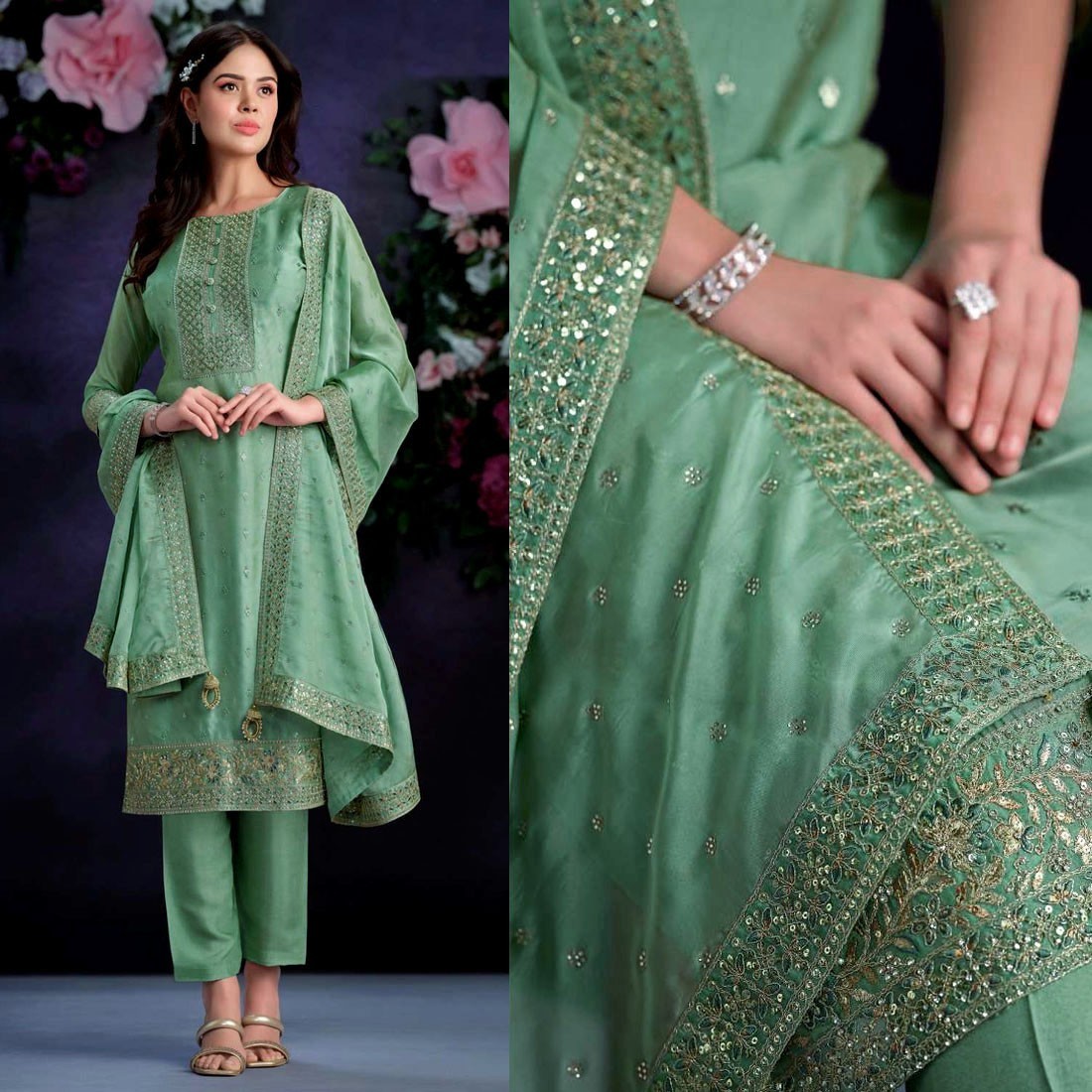 AQUAMR ORGANZA SILK EMB INDIAN PAKISTANI READYMADE LADIES SALWAR KAMEEZ SUIT SNJ