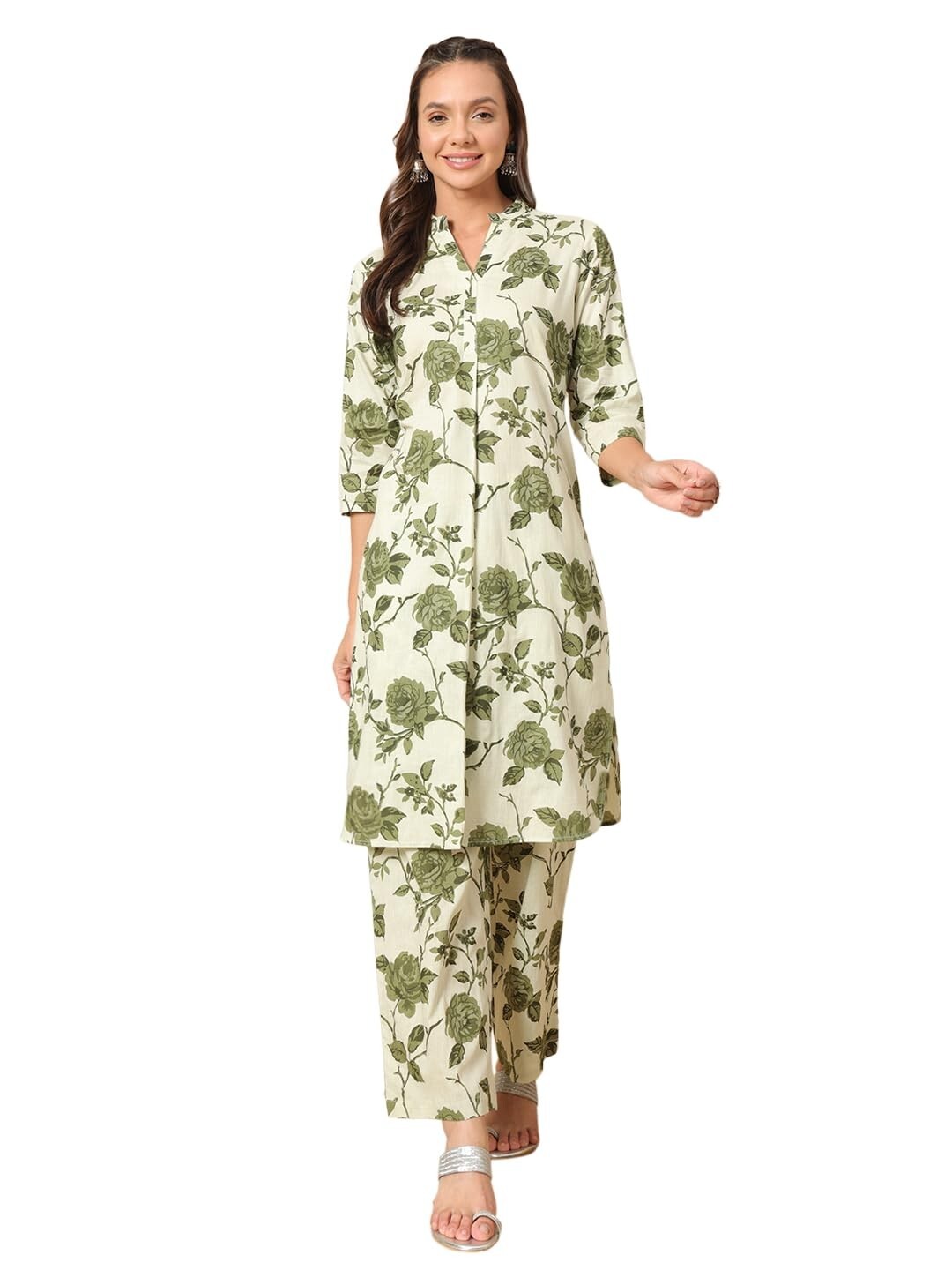 Women’s Pista Green Cotton Straight Kurta with Pant Co-ord Set