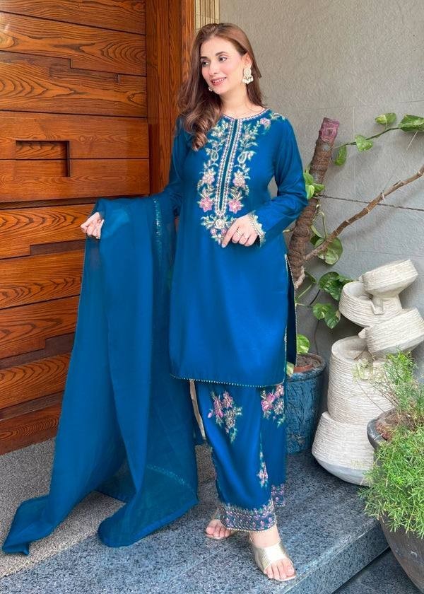 Attractive Look French Crepe Teal Blue Top Bottom With Dupatta For Festival Wear