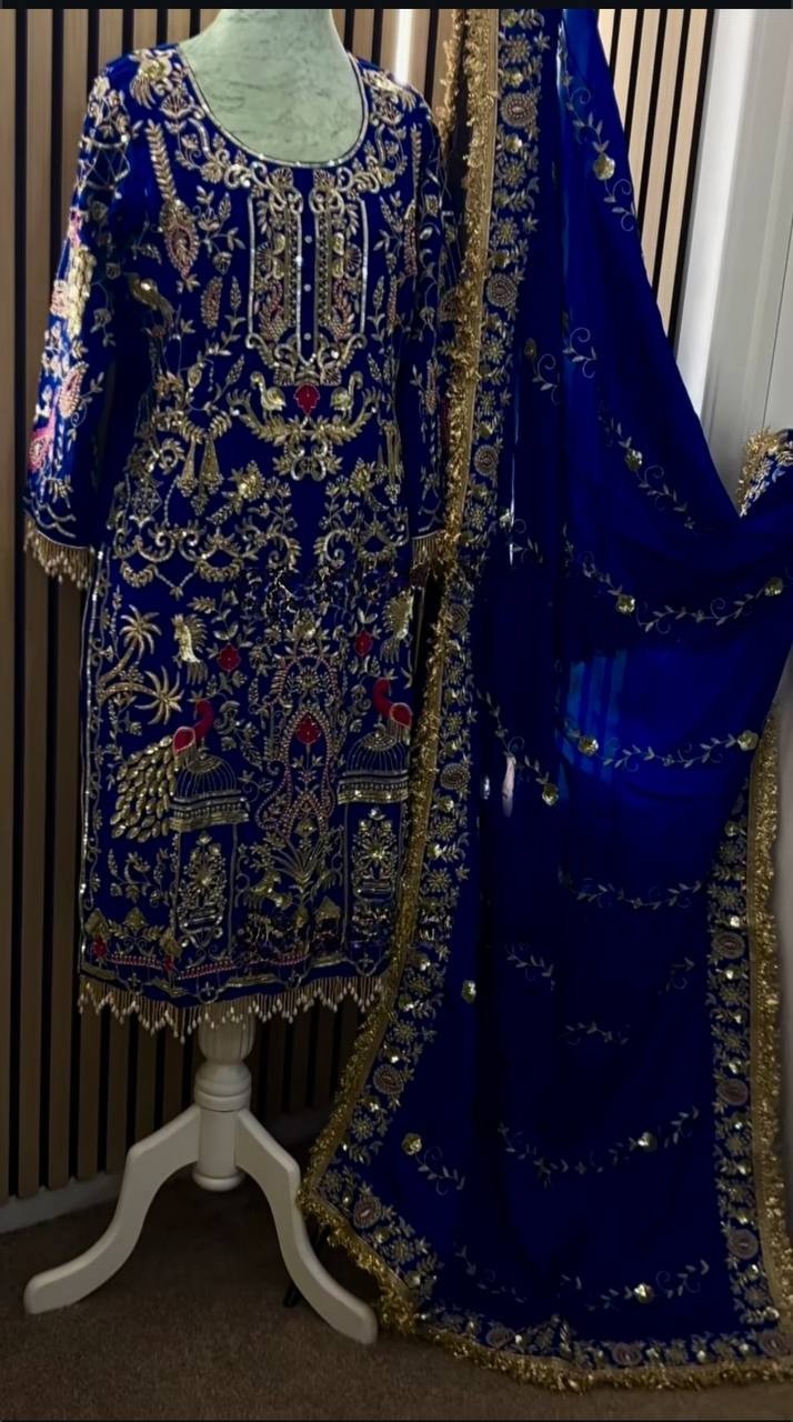 Exclusive Collection Blue Natural Crepe Top Dhoti With Dupatta For Women