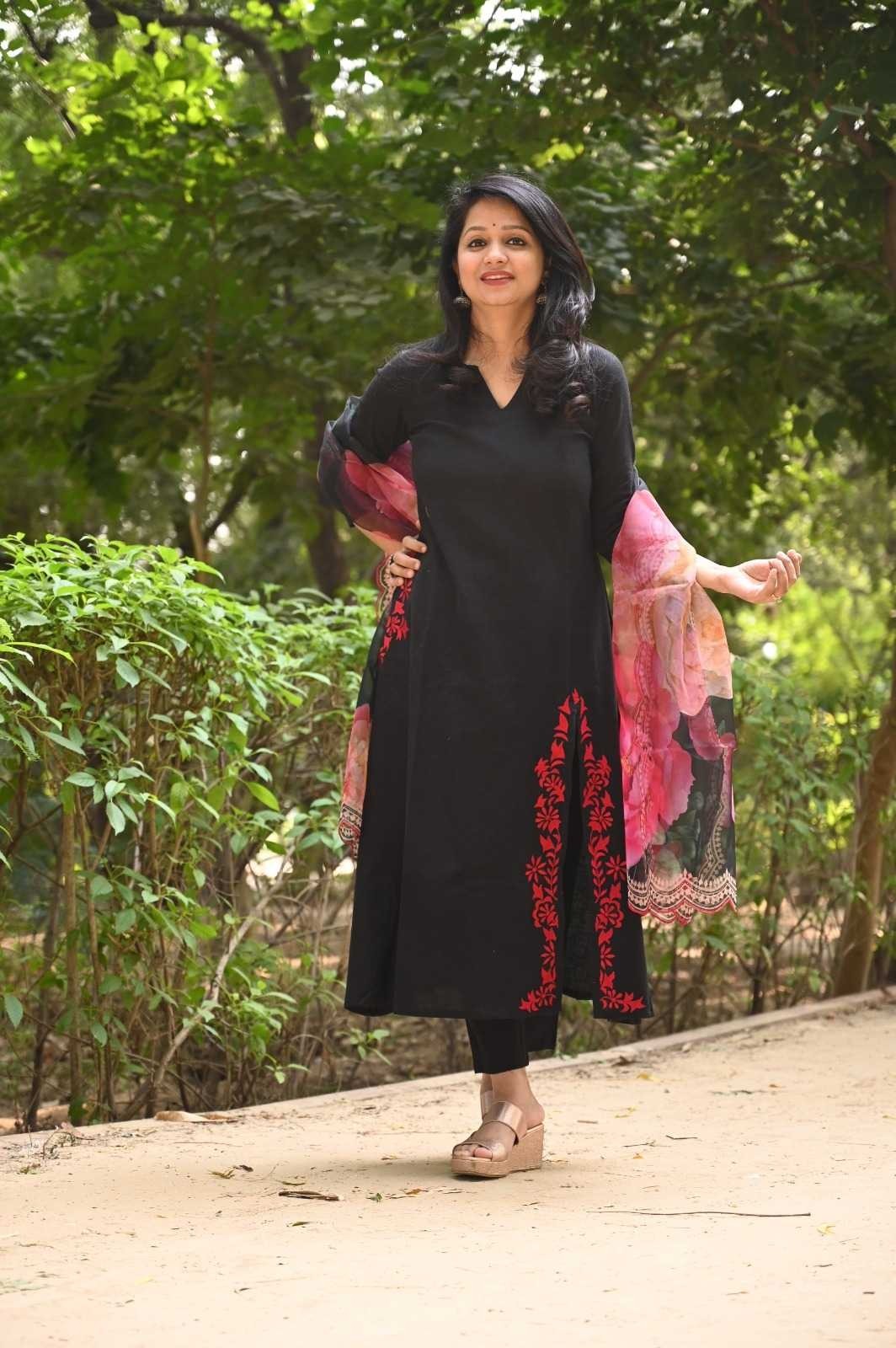 Women’s Black Embroidered Kurta Set with Floral Dupatta | Indian Ethnic Suit