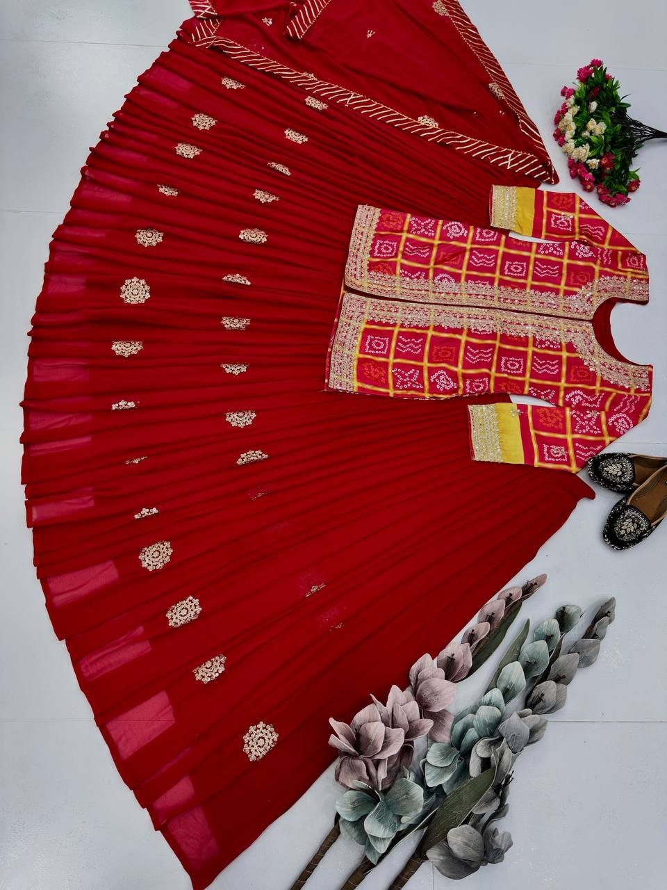 Attractive Designer Red Chinnon Silk Top Lehenga With Dupatta For Women