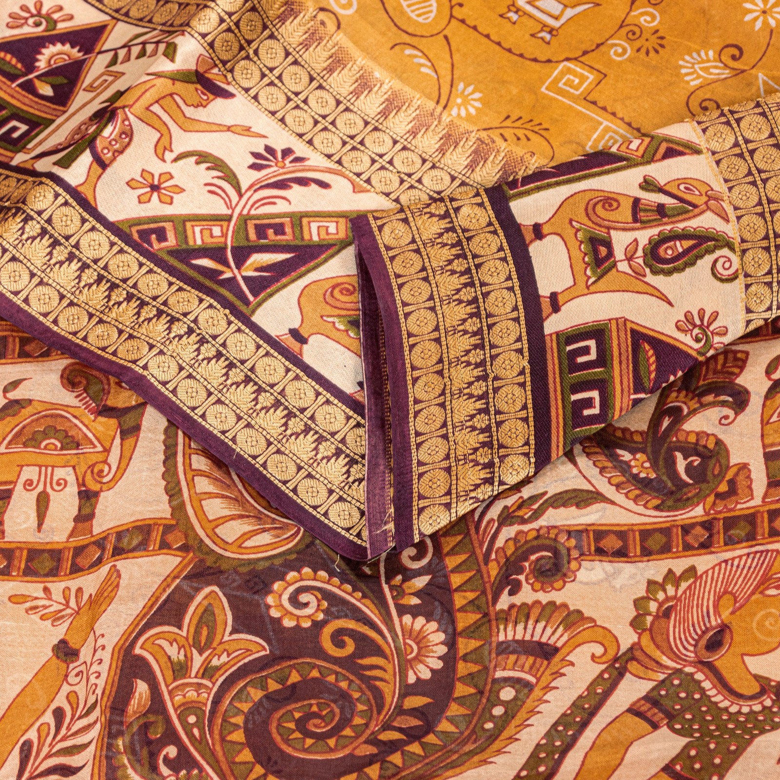 Sanskriti Vintage Saffron-Brown Pure Silk Saree 5+Yd Various Printed Sari Fabric