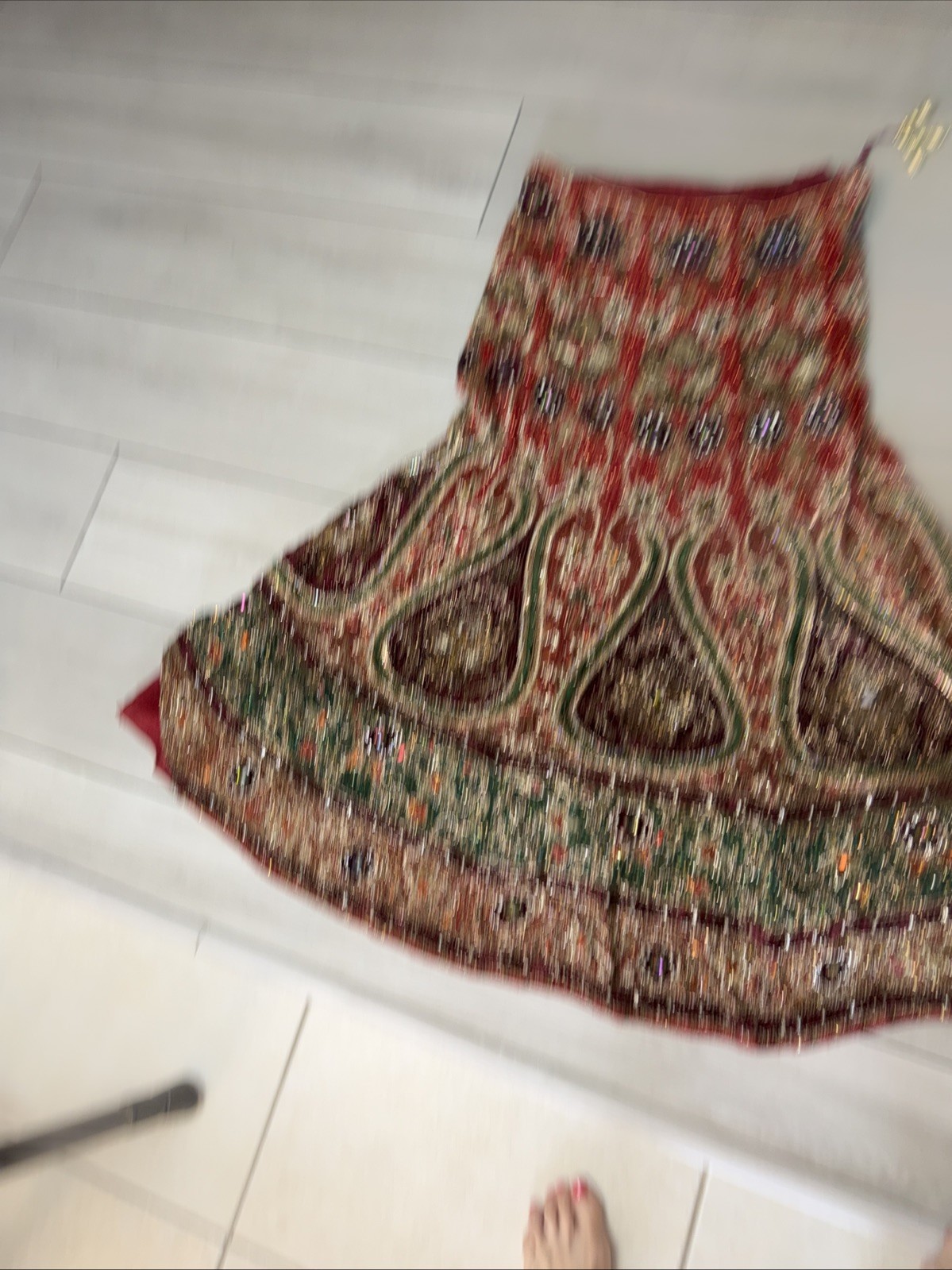 Vintage Heavy Red Bridal Lehenga Skirt & Dupatta Set Hand Embroidered Beaded Zar