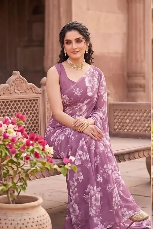 Lavender Floral Printed Saree Women Party Wear Designer Saree Soft