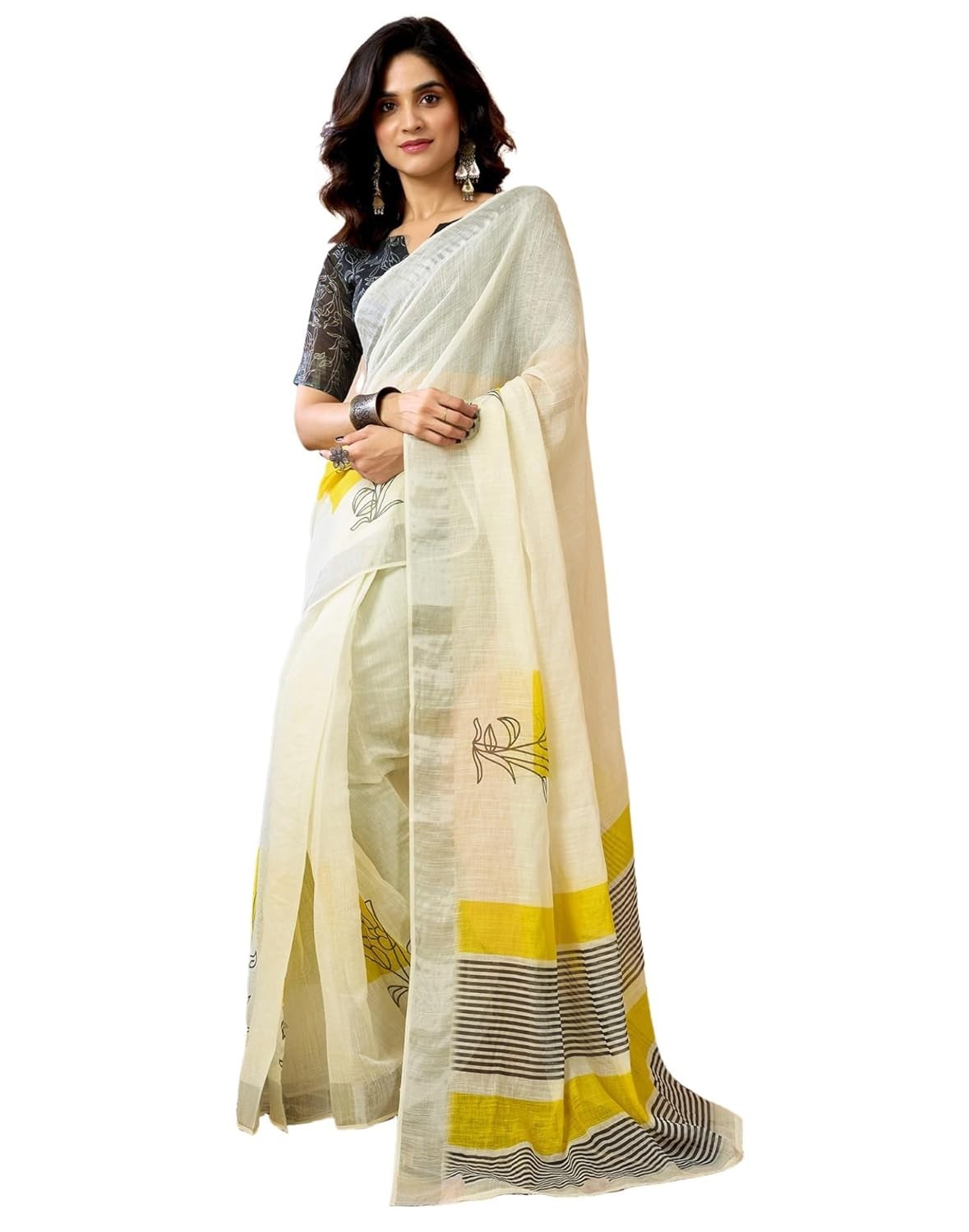 Women’s Cotton Linen Ready To Wear Printed Saree with Unstitched Blouse Piece
