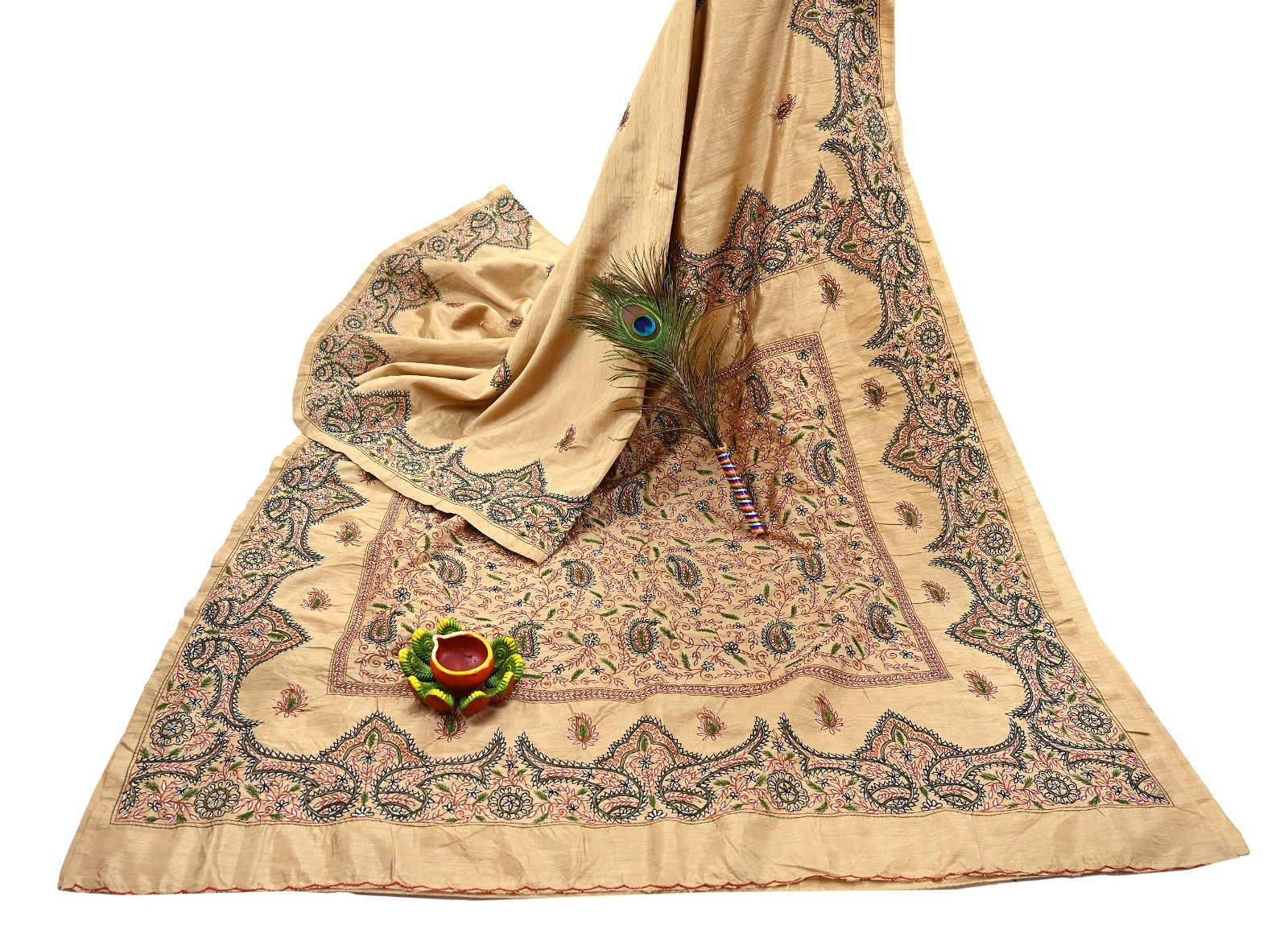 Indian Vintage Sari Beige Artificial Silk Hand Embroidered Sarees Craft Fabric 5