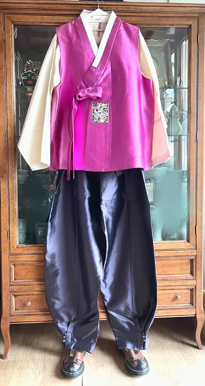 L-XL Men’s Silk Hanbok Set–Ivory Top, Magenta Best, Muted Purple Pants,