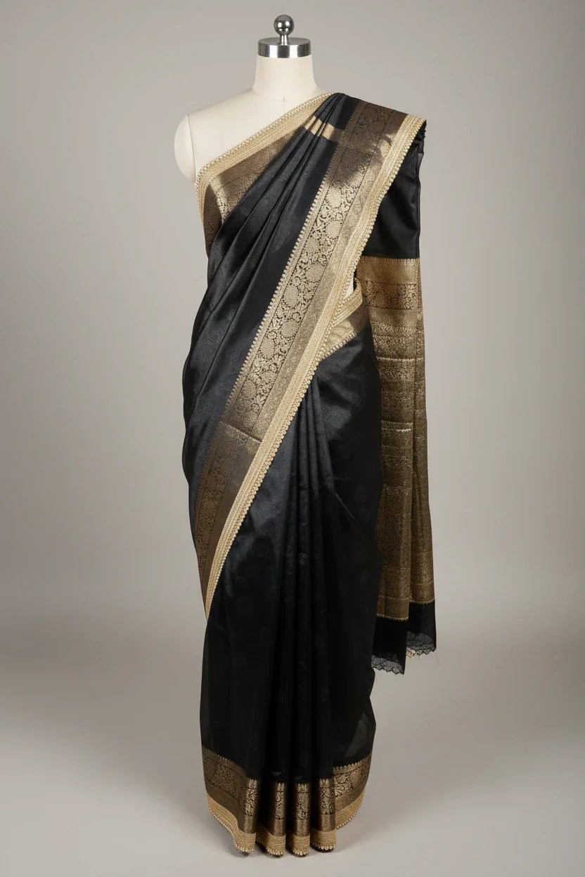Women Black Tissue Silk Banarasi Saree with Lace Work & Unstitched Blouse Piece