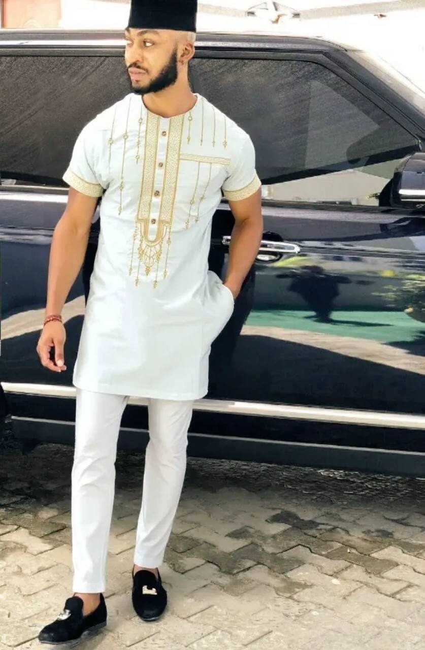 Men’s African Clothing Embroidered Cotton Shirt Pants Wedding Birthday Party